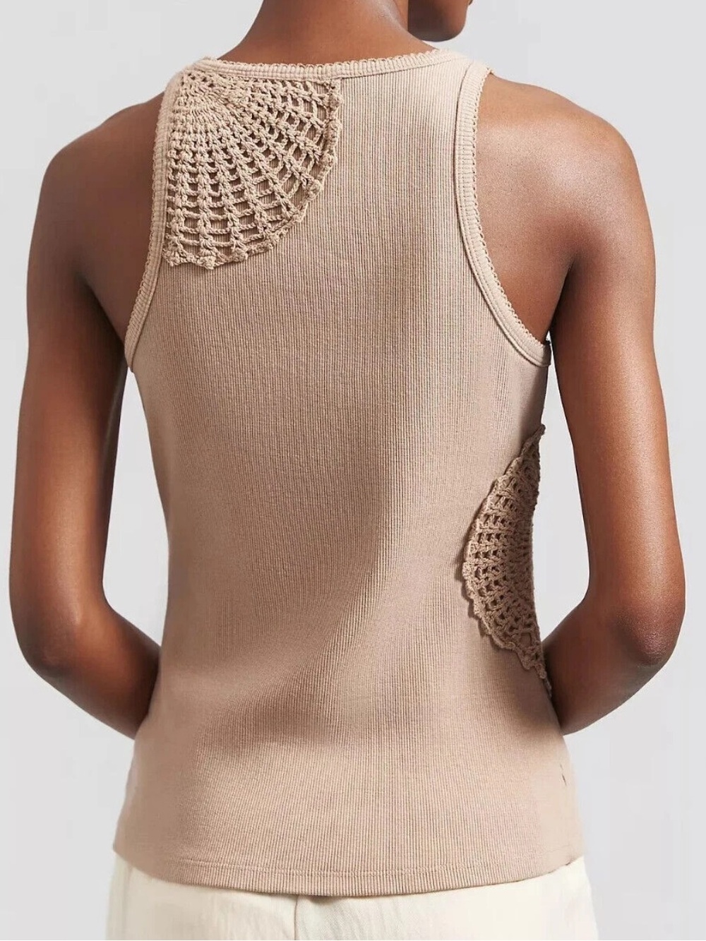 Anthropologie Crochet Appliqué Ribbed Neutral Beige Boho Sleeveless Tank Top - Picture 8 of 11